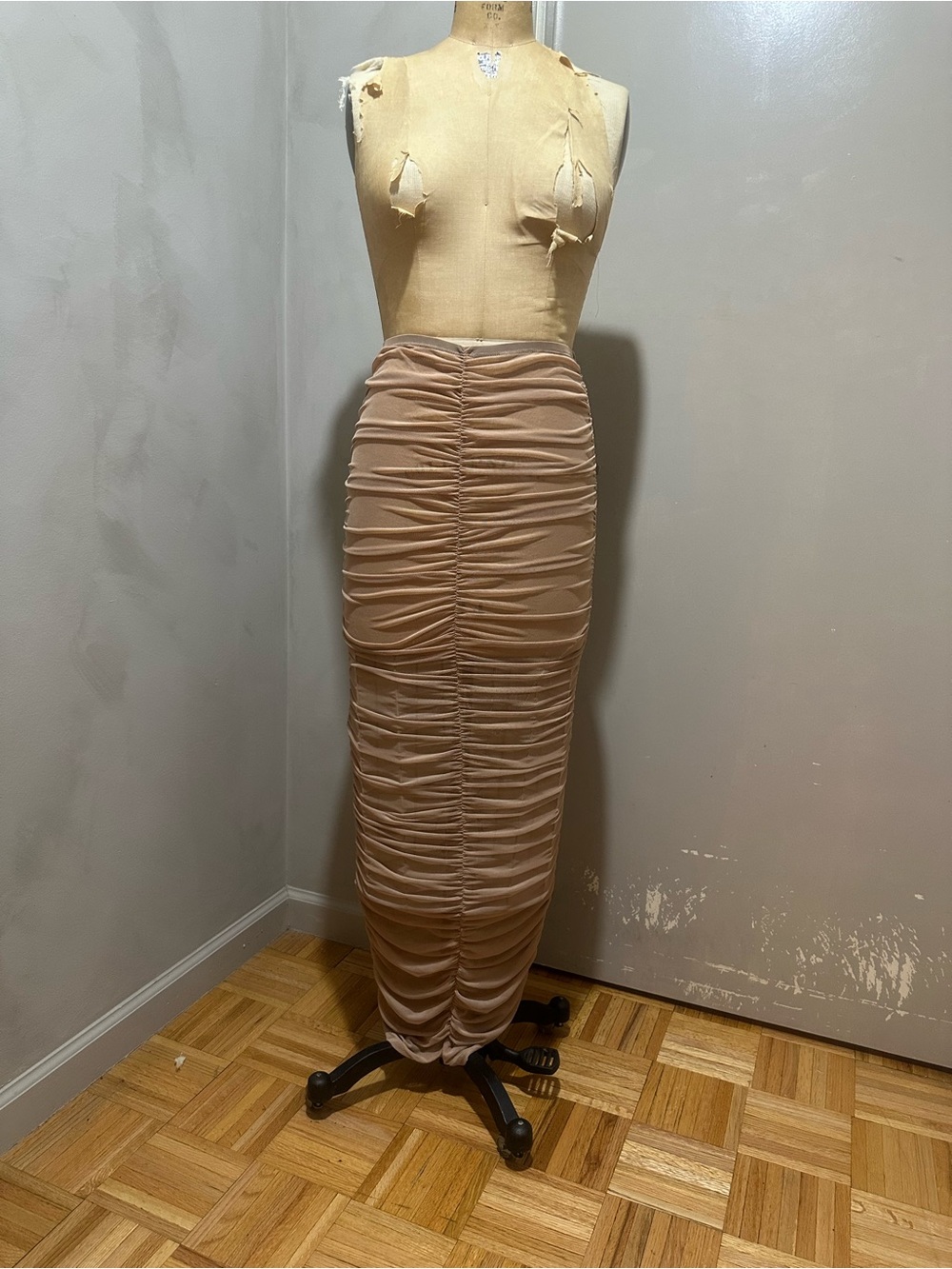 Ruched Nude Bodycon Maxi Skirt